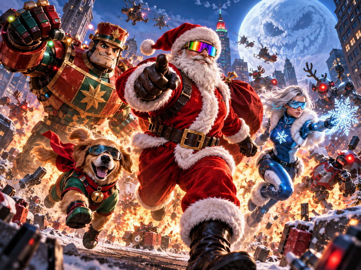 SantaMoon’s action squad charging through the city beneath a giant moon